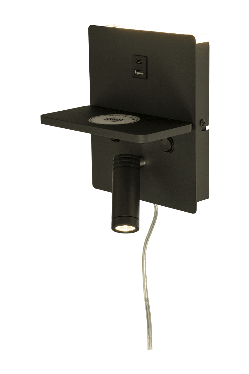 Astor Musta lukulamppu valmistajalta Aneta Lighting - Valmistettu mustasta lakatusta metallista ja s&auml;&auml;dett&auml;v&auml; lukuvalo edess&auml; ja huomaamattomampi ep&auml;suora valaistus takana.