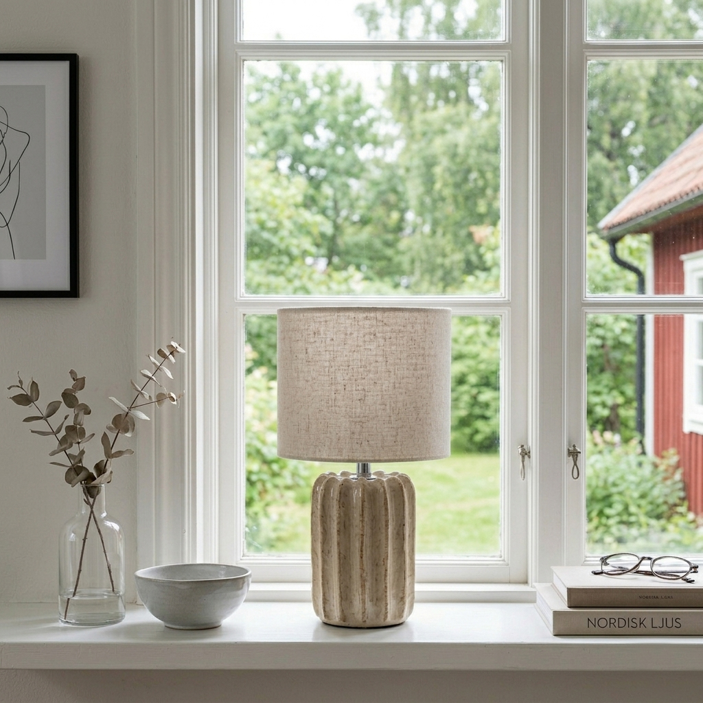 Flint 33cm Beige pöytävalaisin valmistajalta Cottex - Valaisimen jalka ja beigenv&auml;rinen tekstiilivarjostin luovat pehme&auml;n ja harmonisen kokonaisuuden.
