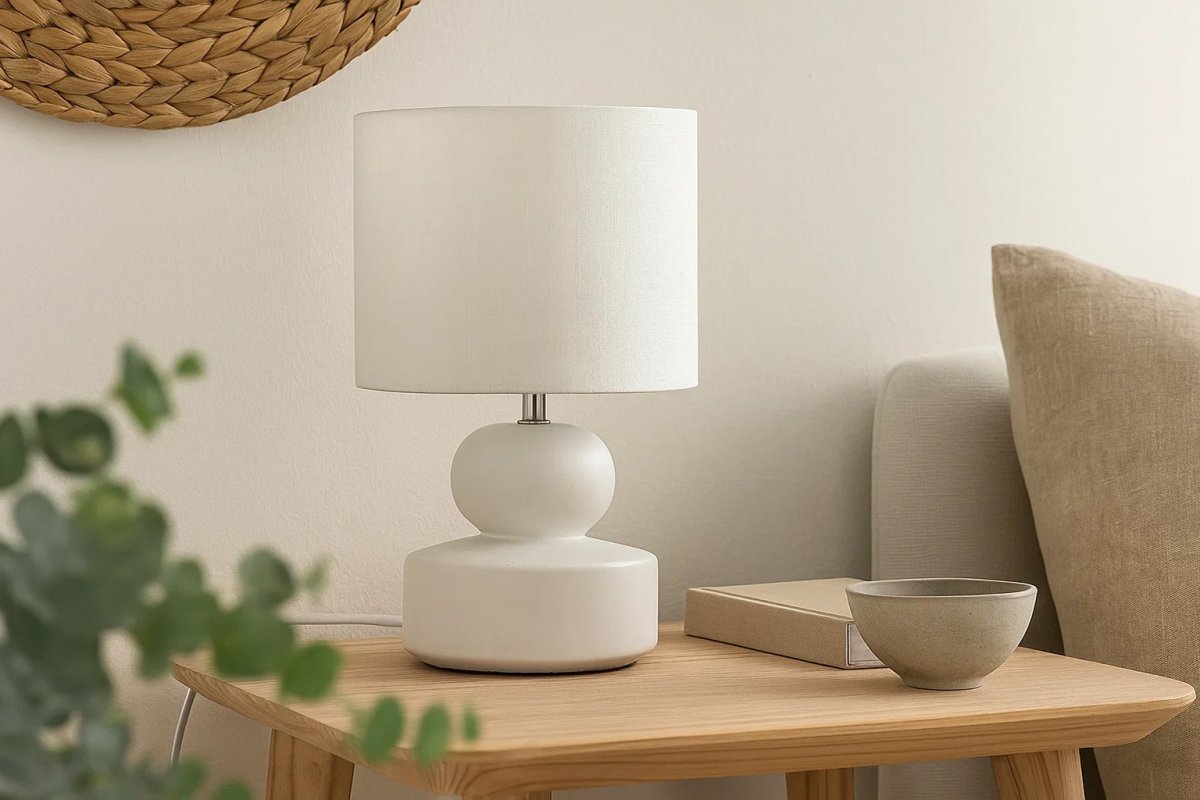 Muschi 36cm Valkoinen pöytävalaisin valmistajalta Nordic Lighting - Muschi-p&ouml;yt&auml;valaisimessa on moderni keraaminen jalka, jossa on pehme&auml;n py&ouml;re&auml;t muodot, ja valkoinen pellavavarjostin.