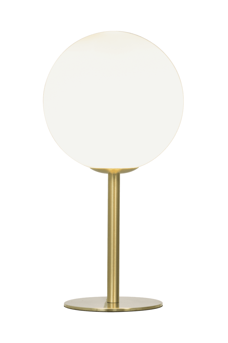 Molekyl 27cm Matta messinki pöytävalaisin valmistajalta Aneta Lighting - Pienen kokonsa ja opaalinvalkoisen lasivarjostimen ansiosta se levitt&auml;&auml; miellytt&auml;v&auml;&auml;, pehme&auml;&auml; valoa, joka luo kutsuvan tunnelman.