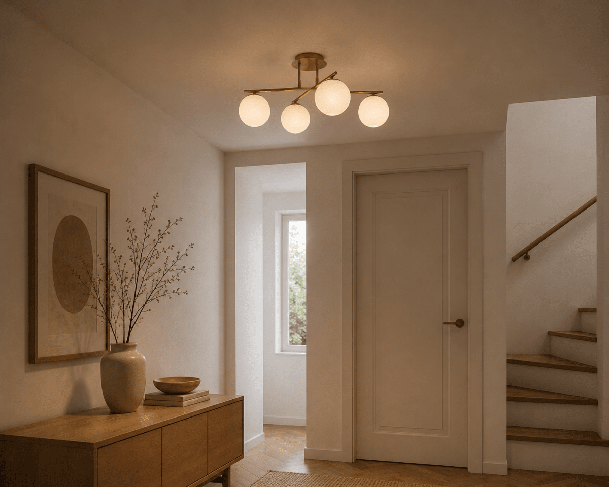 Globi 4 Ø65 Harjattu messinki/valkoinen plafondi valmistajalta Nordic Lighting - Globi 4 on elegantti kattovalaisin, joka antaa tyylikk&auml;&auml;n ilmeen ja pehme&auml;n, miellytt&auml;v&auml;n valon.