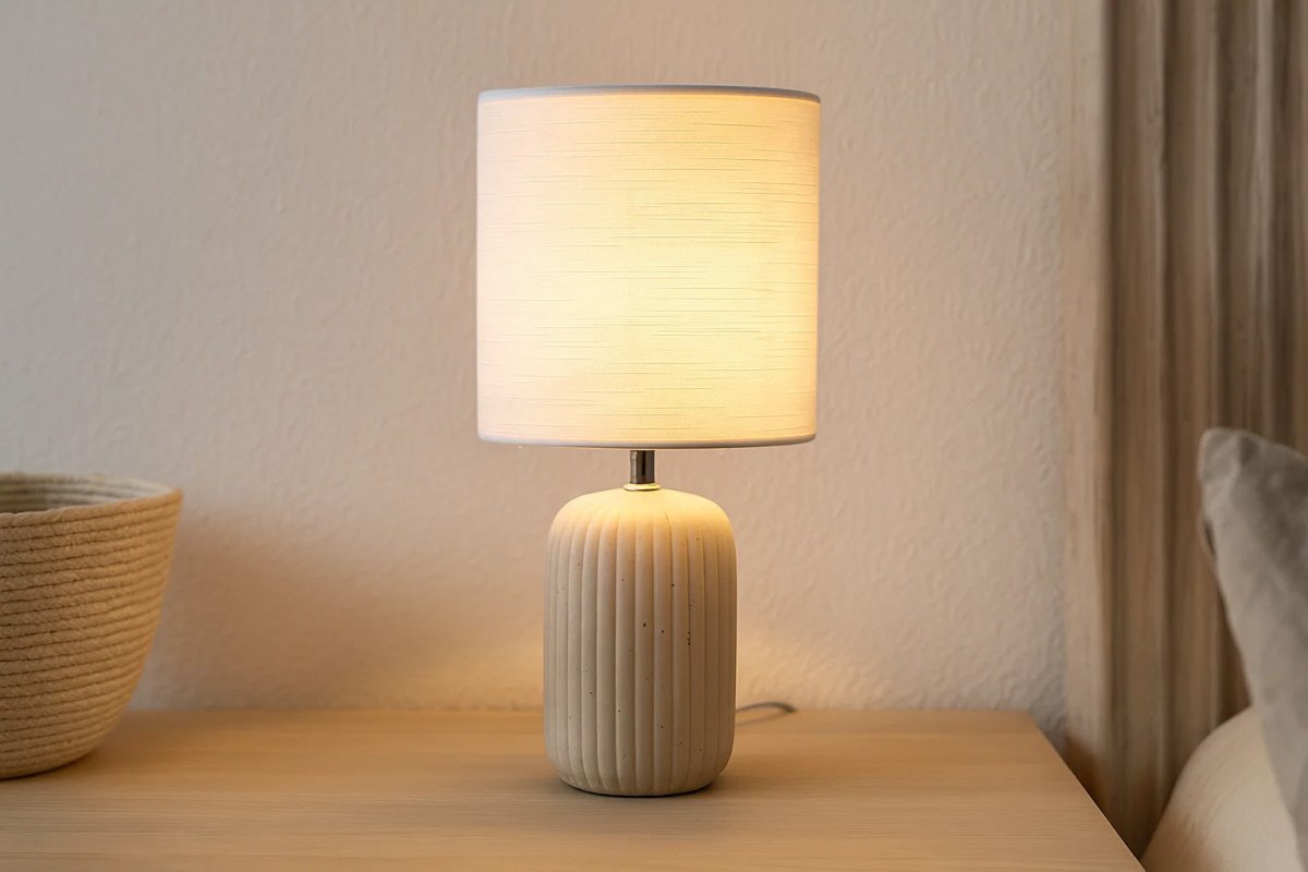 Palizzo 33cm Beige pöytävalaisin valmistajalta Nordic Lighting - Palizzo-p&ouml;yt&auml;valaisimessa on beigenv&auml;rinen keraaminen jalusta, jossa on elegantti pystysuora uurre ja valkoinen pellavainen varjostin.