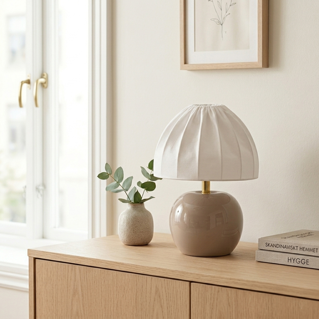 Peach 27cm Beige pöytävalaisin valmistajalta Cottex - Valkoinen tekstiilivarjostin kauniisti laskostetulla muotoilulla luo mukavan kontrastin maanl&auml;heiseen jalustaan ja levitt&auml;&auml; pehme&auml;&auml; ja miellytt&auml;v&auml;&auml; valoa.