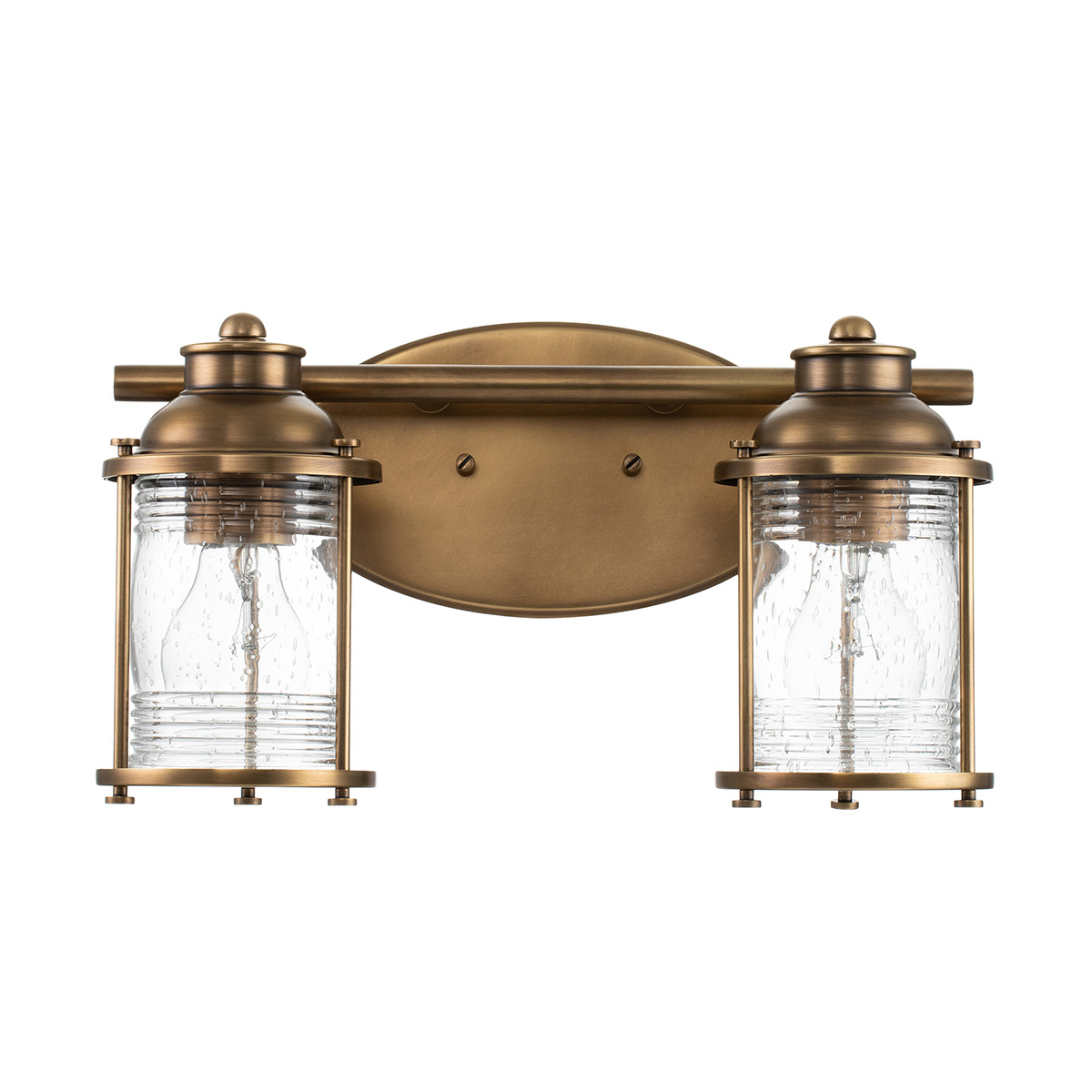 Ashland Bay 36cm Messinki kylpyhuoneen valaisin valmistajalta Elstead Lighting - Se on valmistettu teräksestä ja lasista, ja siinä on ylellinen messinkiviimeistely ja kaksi kauniisti rakennettua lasia, jotka levittävät valoa miellyttävällä tavalla.