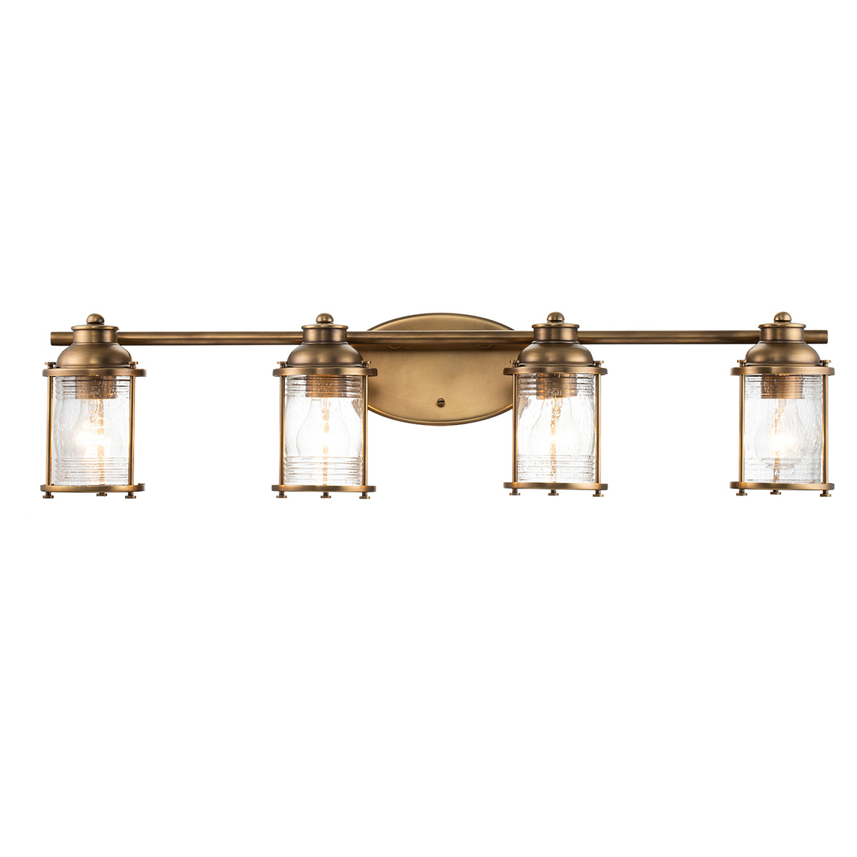 Ashland Bay 85cm Messinki kylpyhuoneen valaisin valmistajalta Elstead Lighting - Se on valmistettu teräksestä ja lasista, ja siinä on ylellinen messinkiviimeistely ja neljä kauniisti kuvioitua lasia, jotka hajottavat valoa.