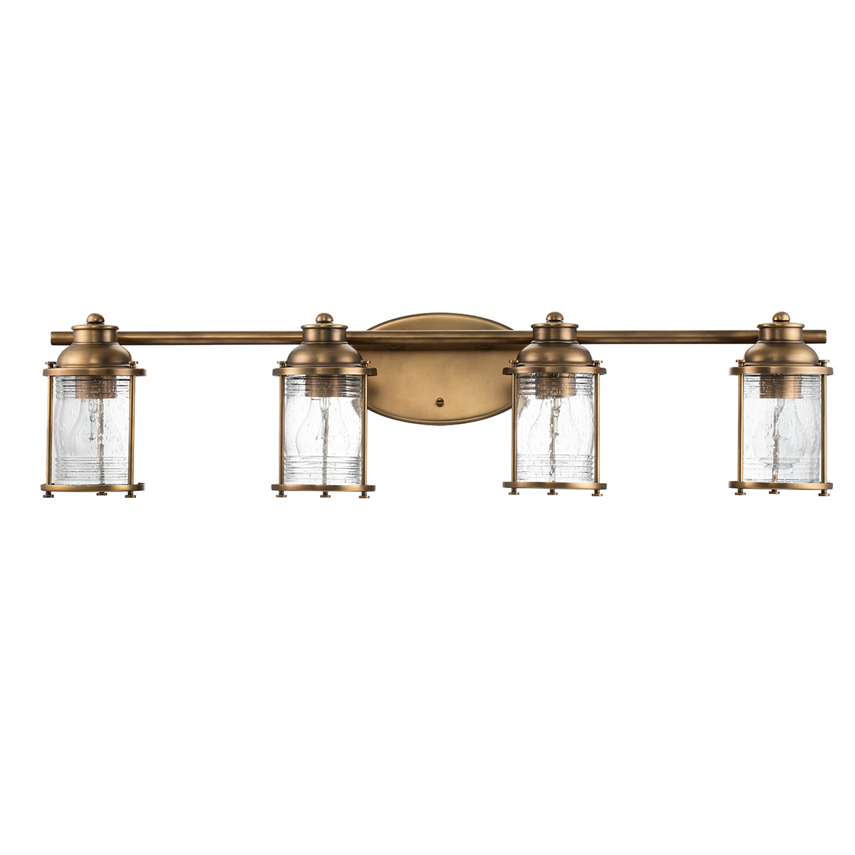 Ashland Bay 85cm Messinki kylpyhuoneen valaisin valmistajalta Elstead Lighting - Se on valmistettu teräksestä ja lasista, ja siinä on ylellinen messinkiviimeistely ja neljä kauniisti kuvioitua lasia, jotka hajottavat valoa.