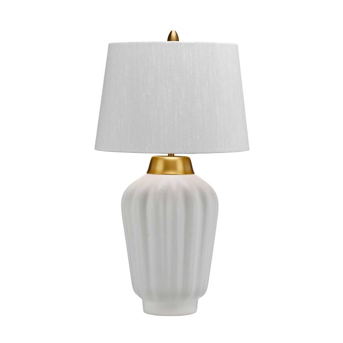 Bexley 56cm Valkoinen pöytävalaisin valmistajalta Elstead Lighting - Den levereras med en avsmalnande lampsk&auml;rm i ljus elfenbensf&auml;rgad konstsilke med en m&auml;ssingf&auml;rgad insida, handgjord i Storbritannien.