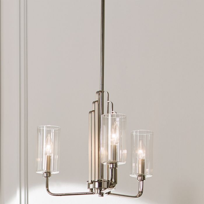 Kimrose Ø45 Nikkeli kattovalaisin valmistajalta Elstead Lighting - Sylinterimäiset lasivarjostimet ovat kirkkaita ja uurrettuja pystysuorilla urilla, mikä luo ainutlaatuisen ja hienovaraisen valoefektin.