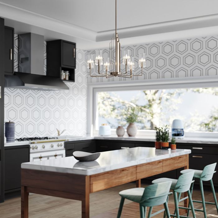 Kimrose Ø68 Nikkeli kattovalaisin valmistajalta Elstead Lighting - Sylinterimäiset lasivarjostimet ovat kirkkaita ja uurrettuja pystysuorilla urilla, mikä luo ainutlaatuisen ja hienovaraisen valoefektin.