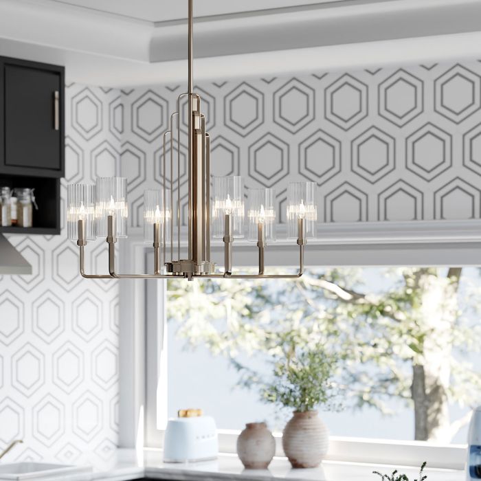 Kimrose Ø68 Nikkeli kattovalaisin valmistajalta Elstead Lighting - Sylinterimäiset lasivarjostimet ovat kirkkaita ja uurrettuja pystysuorilla urilla, mikä luo ainutlaatuisen ja hienovaraisen valoefektin.