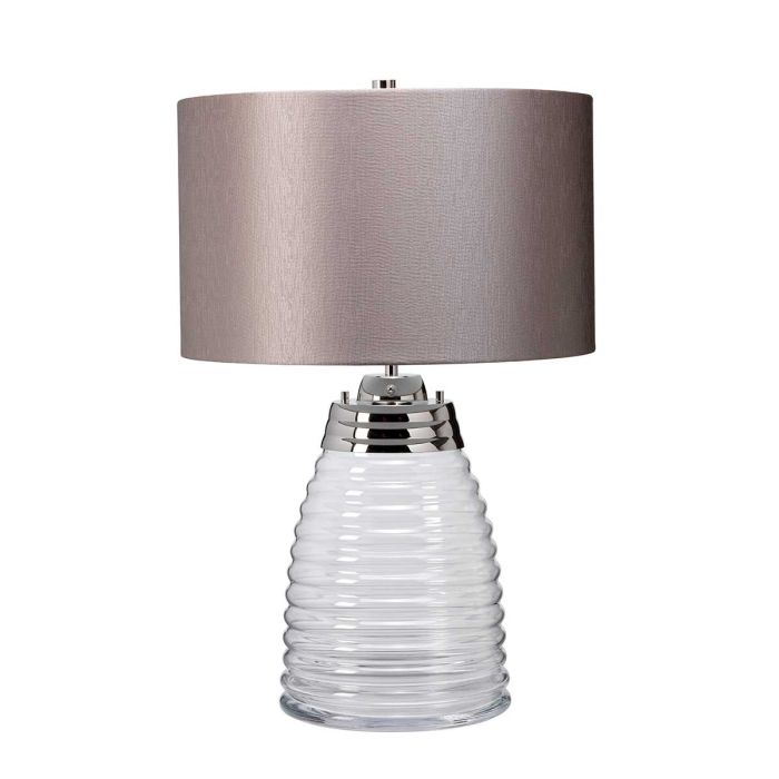 Milne 64cm Harmaa pöytävalaisin valmistajalta Elstead Lighting - Till sk&auml;rmen beh&ouml;vs en E27 ljusk&auml;lla (ej inkluderad) och till basen ing&aring;r en utbytbar 8W LED GU10-lampa, som ger 560 lumen vid en f&auml;rgtemperatur p&aring; 3000K.