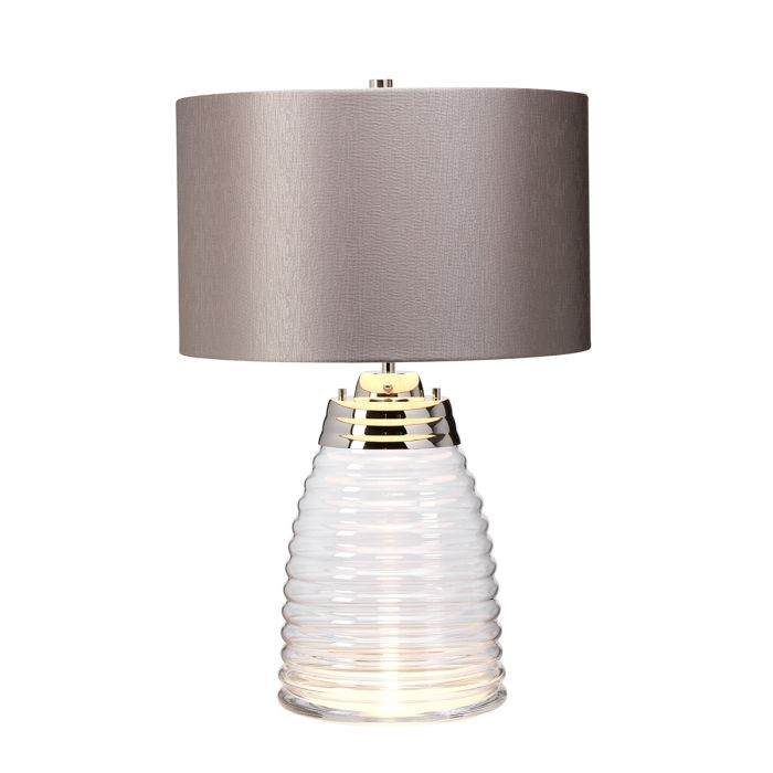 Milne 64cm Harmaa pöytävalaisin valmistajalta Elstead Lighting - Till sk&auml;rmen beh&ouml;vs en E27 ljusk&auml;lla (ej inkluderad) och till basen ing&aring;r en utbytbar 8W LED GU10-lampa, som ger 560 lumen vid en f&auml;rgtemperatur p&aring; 3000K.