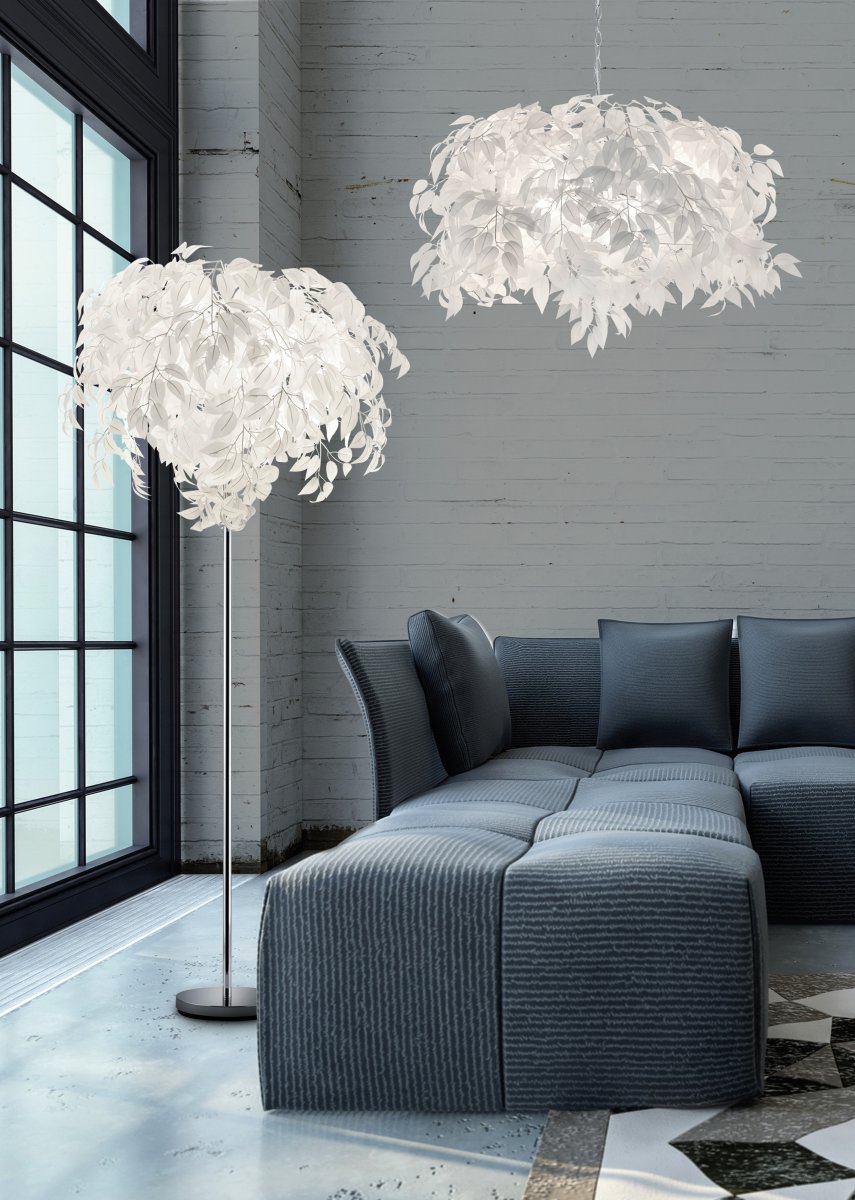 Leavy Valkoinen lattiavalaisin valmistajalta Trio Lighting - Leavy-lattiavalaisin on ainutlaatuinen ja vaikuttava ominaisuus kotiisi koristeellisilla muovilehtill&auml;&auml;n, jotka antavat sille selke&auml;n ja lumoavan tyylin.