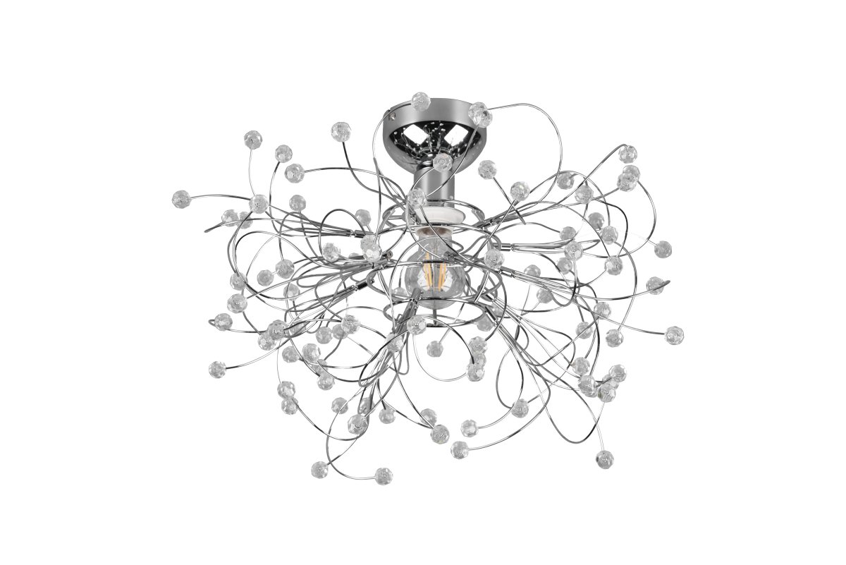 Gloria Ø52 Kromi plafondi valmistajalta Trio Lighting - Filigraanisen muodon ja kimaltelevien akryylisovellusten ansiosta valaisin levittää lämpimän ja kutsuvan valovaikutelman, joka on täydellinen sekä olohuoneeseen että ruokailuhuoneeseen.