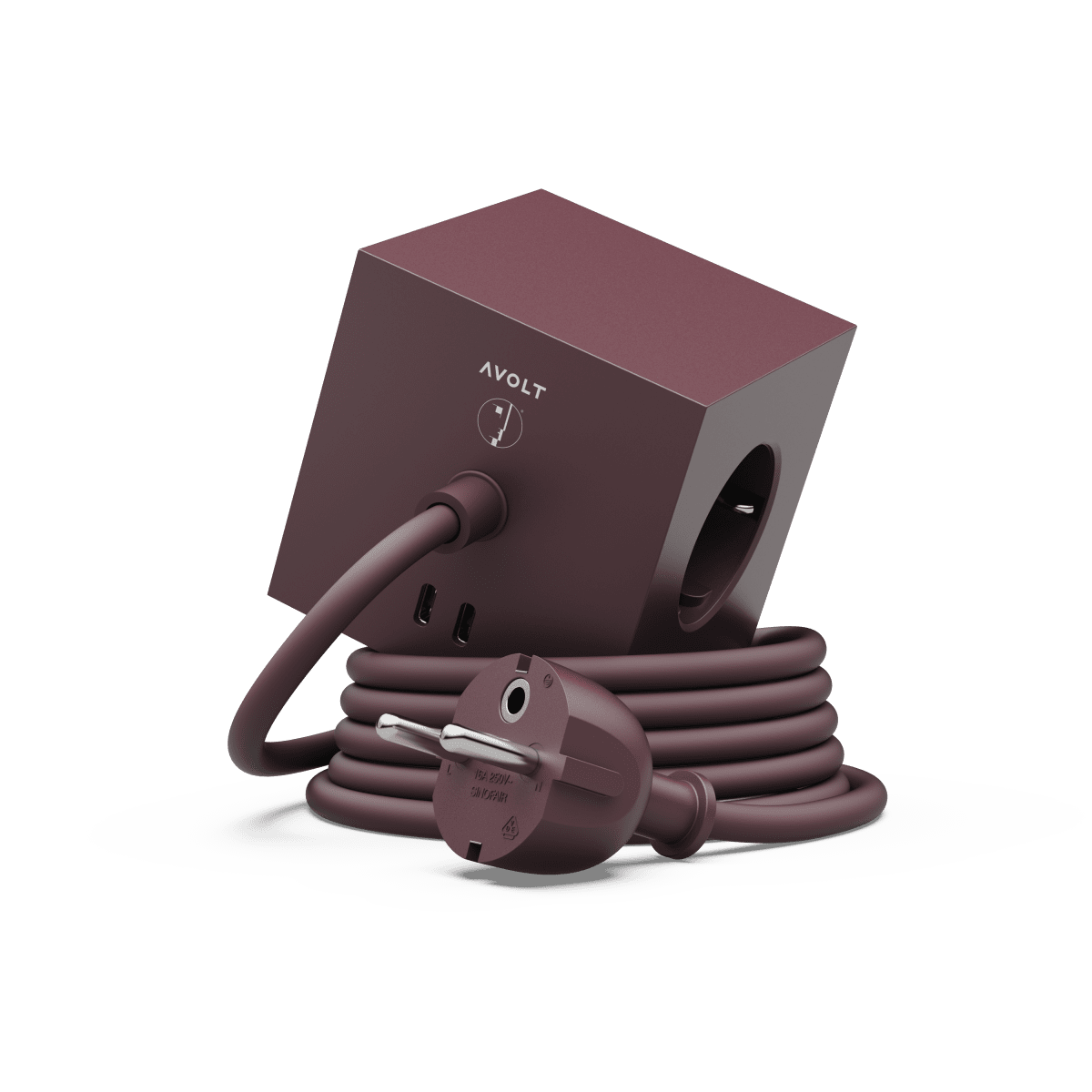 Zoomaa kuva kohteesta Square 1 with 30W Dual USBC & Magnetic base, 1.8m Burgundi valmistajalta Avolt - Avoltin tyylik&auml;s kytkin, jossa on pitk&auml; PVC-johto, kierr&auml;tysmuovista valmistettu kuutio ja pohjassa magneettinen levy sein&auml;lle ripustamista varten.