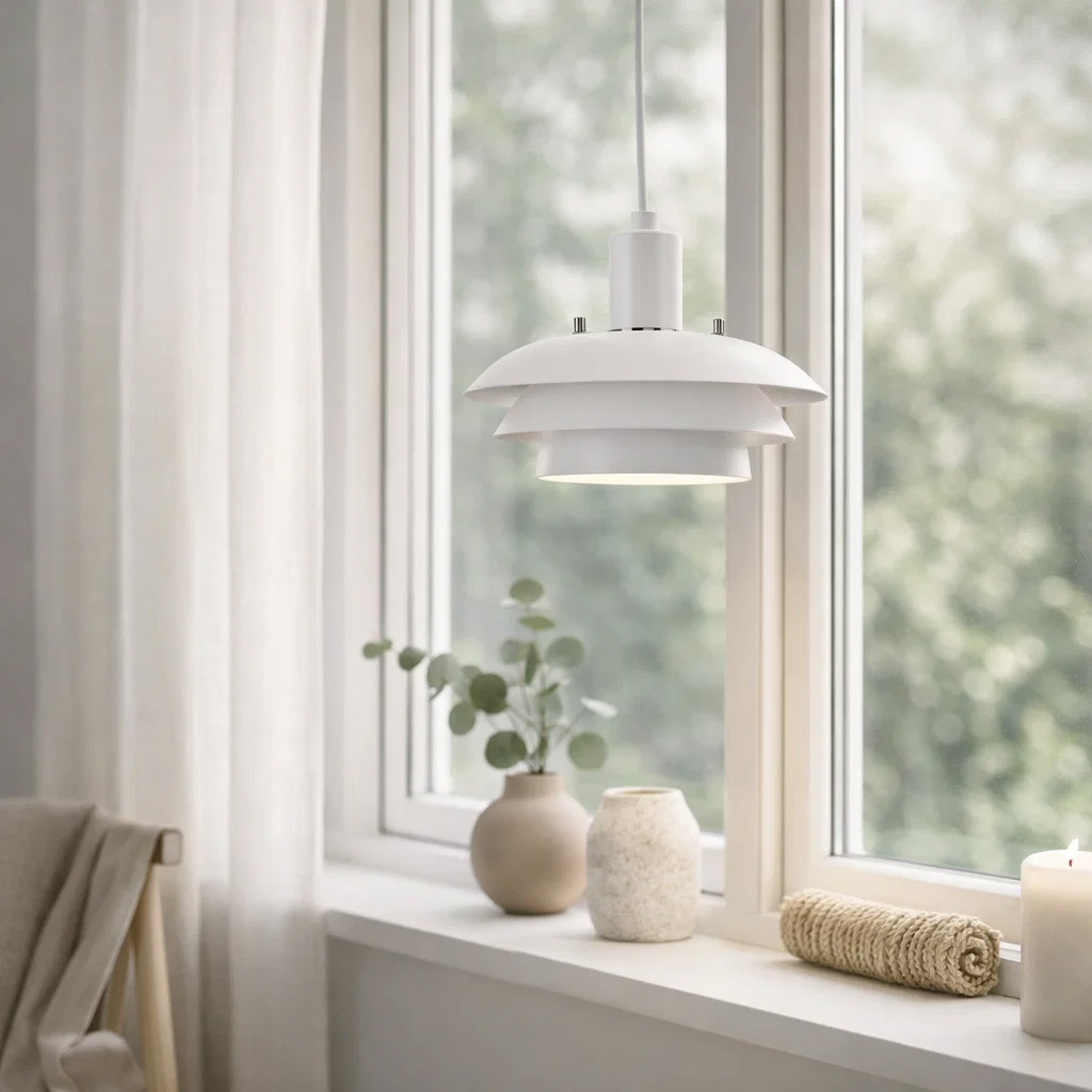 Stealth Ø20 Valkoinen ikkunavalaisin valmistajalta Nordic Lighting - Valaisin on valmistettu valkoisesta metallista ja siin&auml; on pehme&auml; kerrostettu muotoilu, joka tarjoaa miellytt&auml;v&auml;n ja alasp&auml;in suunnatun valon &ndash; t&auml;ydellinen ikkunoihin tai pienempiin tiloihin.