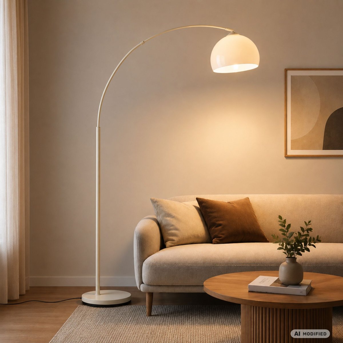 Vessa Beige lattiavalaisin valmistajalta Brilliant - Vessa on tyylik&auml;s beigenv&auml;rinen metallilattiavalaisin, jonka valkoinen muovivarjostin antaa valaisimelle pehme&auml;n ja elegantin ilmeen.