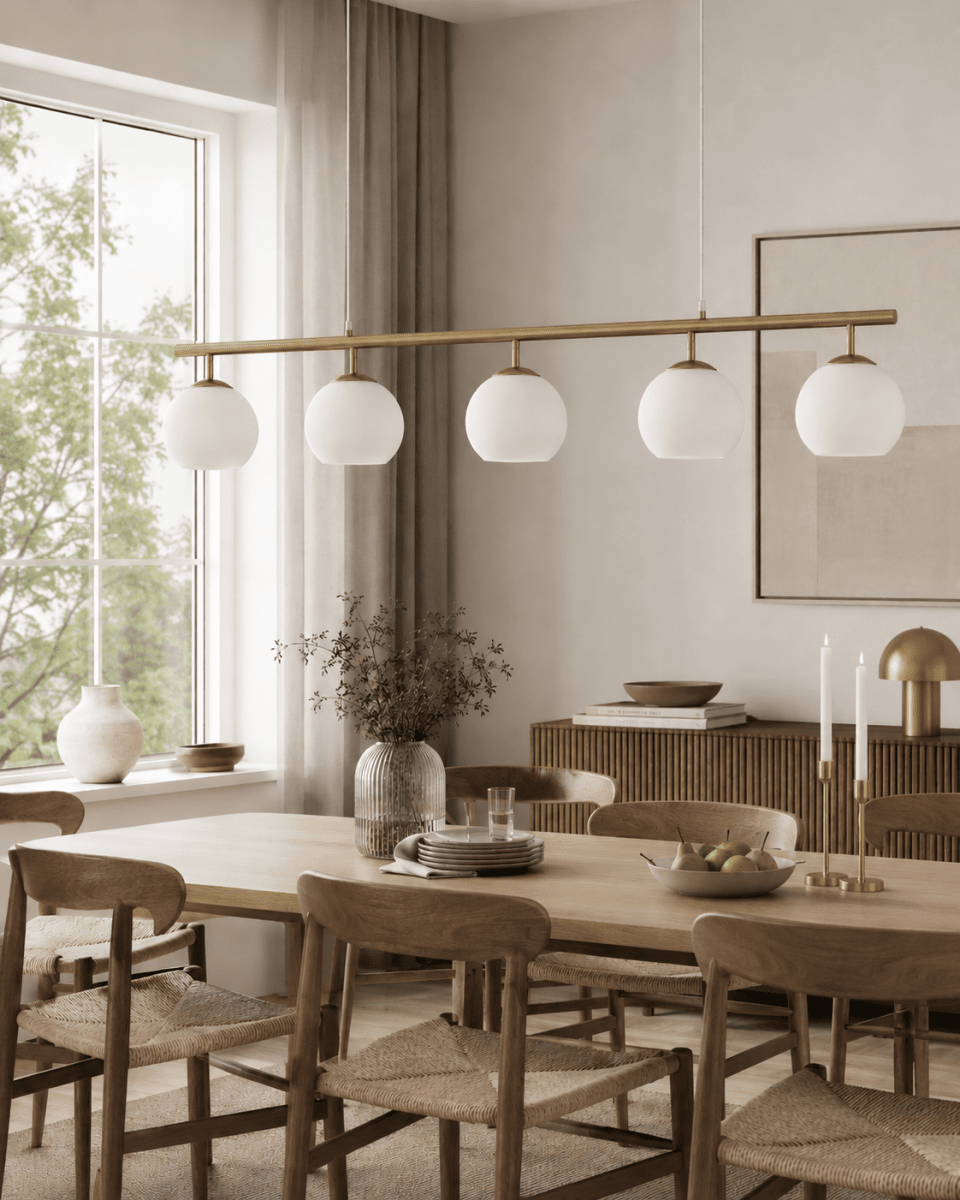 Globi 5 120cm Harjattu messinki/valkoinen kattovalaisin valmistajalta Nordic Lighting - Globi 5 on elegantti kattoriippuvalaisin, joka yhdist&auml;&auml; modernin muotoilun pehmeisiin muotoihin.