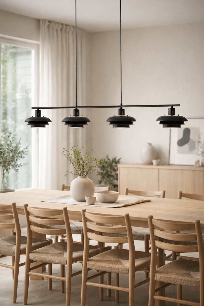Stealth 120cm Musta kattovalaisin valmistajalta Nordic Lighting - Stealth on tyylik&auml;s mustasta metallista valmistettu kattovalaisin, jossa on nelj&auml; alasp&auml;in suunnattua varjostinta, jotka tarjoavat miellytt&auml;v&auml;&auml;, suunnattua valoa esimerkiksi ruokap&ouml;yd&auml;n tai keitti&ouml;n ylle.
