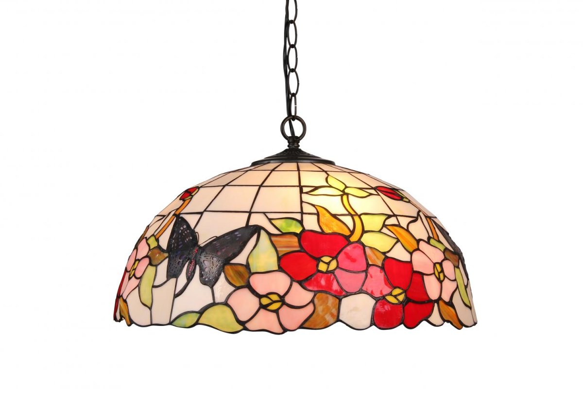 Sommar Ø40 Monivärinen valmistajalta Norrsken Design - Summer on klassinen Tiffany-valaisin, jossa on kaunis muotoilu, jossa on erivärisiä kukkia ja perhosia.