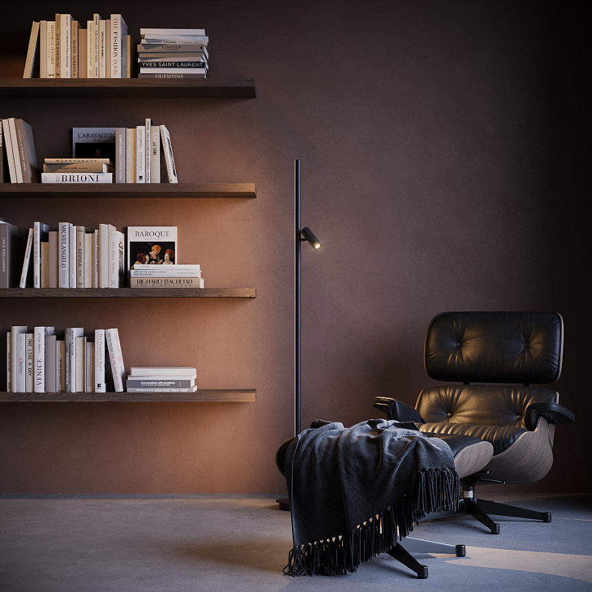 Thin Musta lattiavalaisin valmistajalta Maytoni - Siin&auml; on kirkkaalla valolla varustettu siirrett&auml;v&auml; kohdevalo, joka on t&auml;ydellinen lukulamppu, ja kosketushimmennin helpottaa valon s&auml;&auml;t&ouml;&auml;.