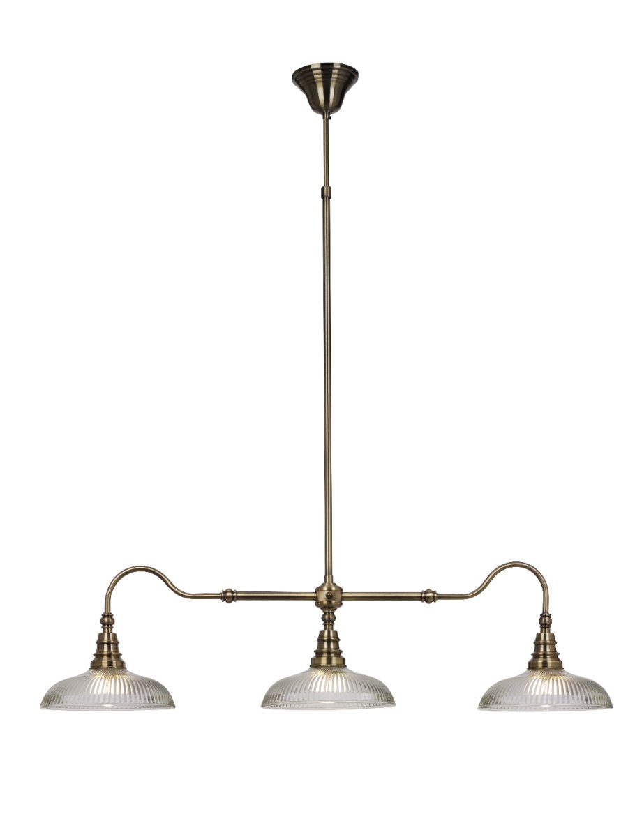 Snooker 107cm Antiikki kattovalaisin valmistajalta Cottex - Metallinen Snooker-kattovalaisin, jossa on antiikkimessinki&auml; ja kirkasta lasia uurretulla rakenteella, on tyylik&auml;s ja elegantti valaisin, joka lis&auml;&auml; tunnelmaa joka huoneessa.