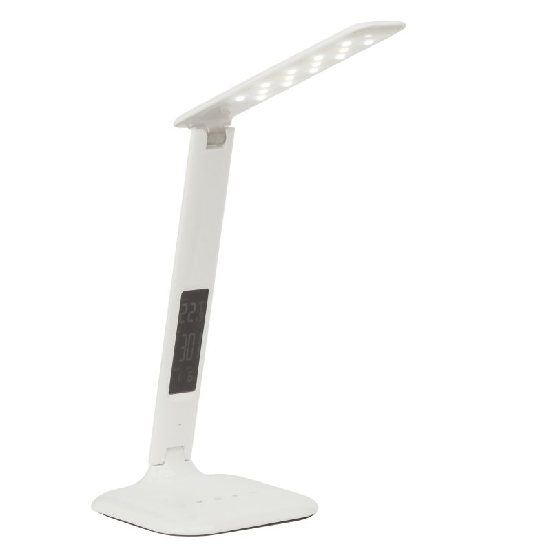 Glenn 55cm Valkoinen työpöytävalaisin valmistajalta Brilliant - Säädettävän lampunpään ja nivelten ansiosta valoa on helppo kohdistaa sinne, missä sitä tarvitaan, ja valaisimessa on sekä USB-portti latausta varten että kello, jossa on herätys, päivämäärä ja lämpötilanäyttö.