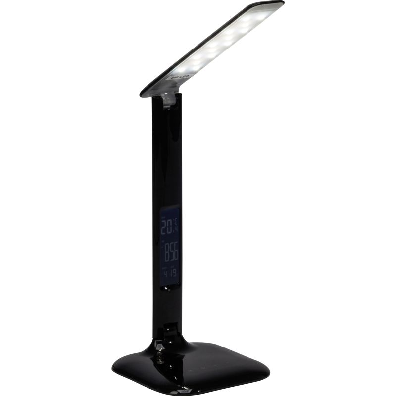 Glenn 55cm Musta työpöytävalaisin valmistajalta Brilliant - Säädettävän lampunpään ja nivelten ansiosta valoa on helppo kohdistaa sinne, missä sitä tarvitaan, ja valaisimessa on sekä USB-portti latausta varten että kello, jossa on herätys, päivämäärä ja lämpötilanäyttö.