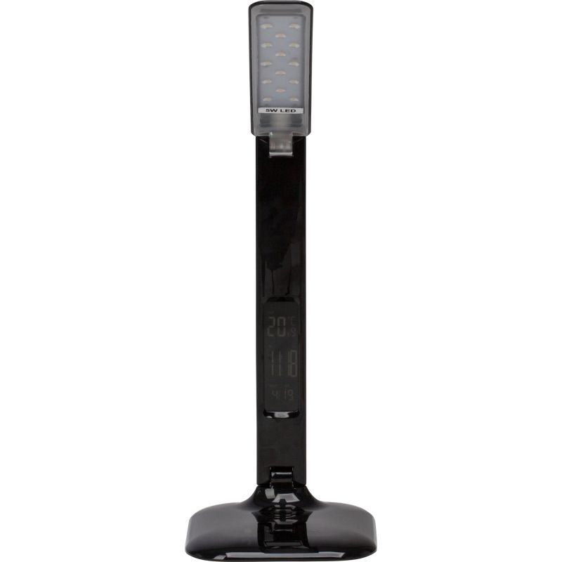 Glenn 55cm Musta työpöytävalaisin valmistajalta Brilliant - Säädettävän lampunpään ja nivelten ansiosta valoa on helppo kohdistaa sinne, missä sitä tarvitaan, ja valaisimessa on sekä USB-portti latausta varten että kello, jossa on herätys, päivämäärä ja lämpötilanäyttö.